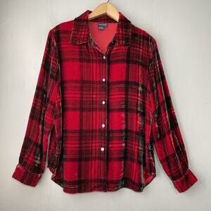 Boston Proper Silk Velour Velvet Shirt Size Medium Red Tartan Plaid Button Up